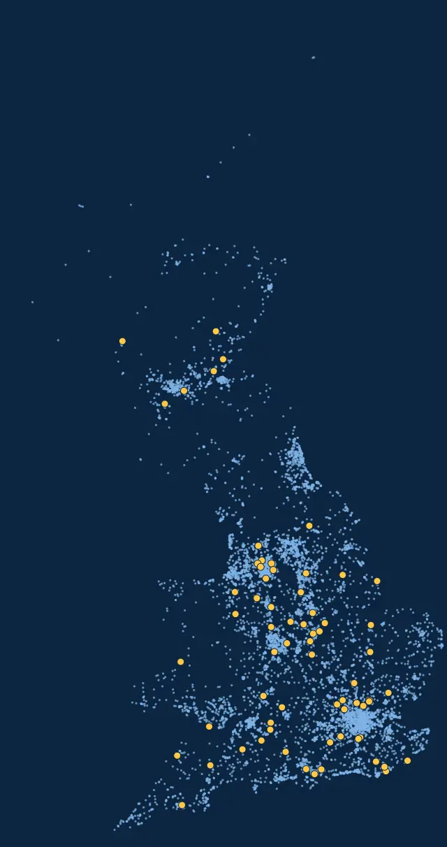 Map of Great Britain made of 8,291 winning postcodes from the last 12 months, with big prizes in amber